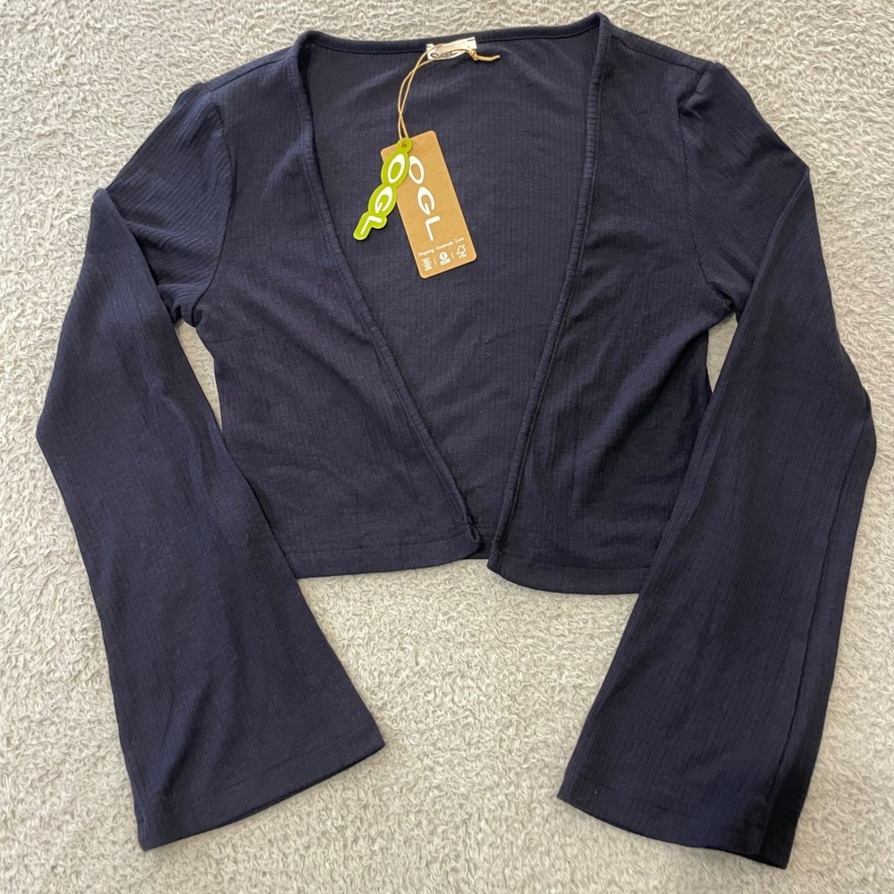 NWT OGL Move Ribbed Bell Sleeve Cropped Cardigan Women Small Navy Wool Blend